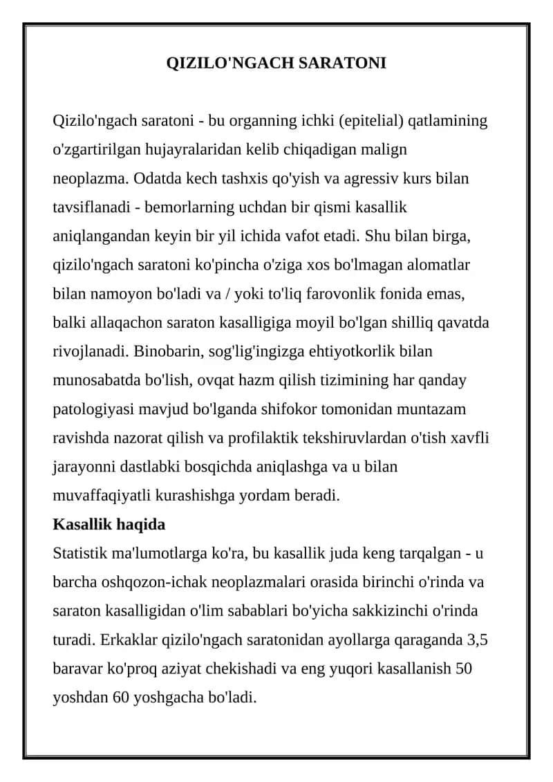 Qizilo'ngach saratoni