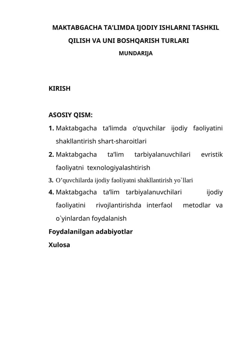 Maktabgacha ta’limda ijodiy ishlarni tashkil qilish va uni boshqarish turlari