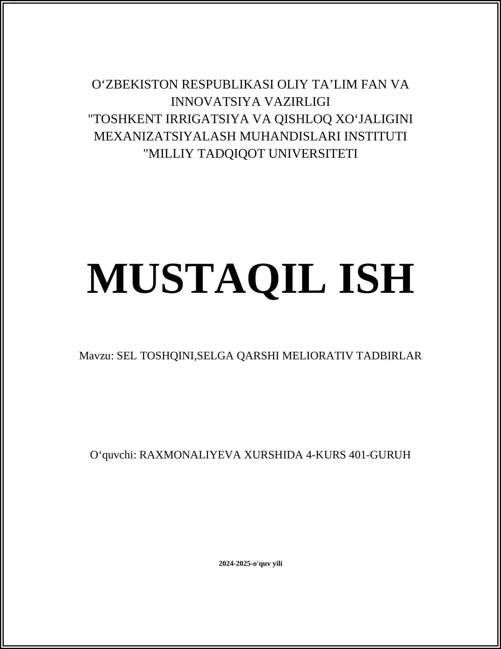 SEL TOSHQINI, SELGA QARSHI MELIORATIV TADBIRLAR