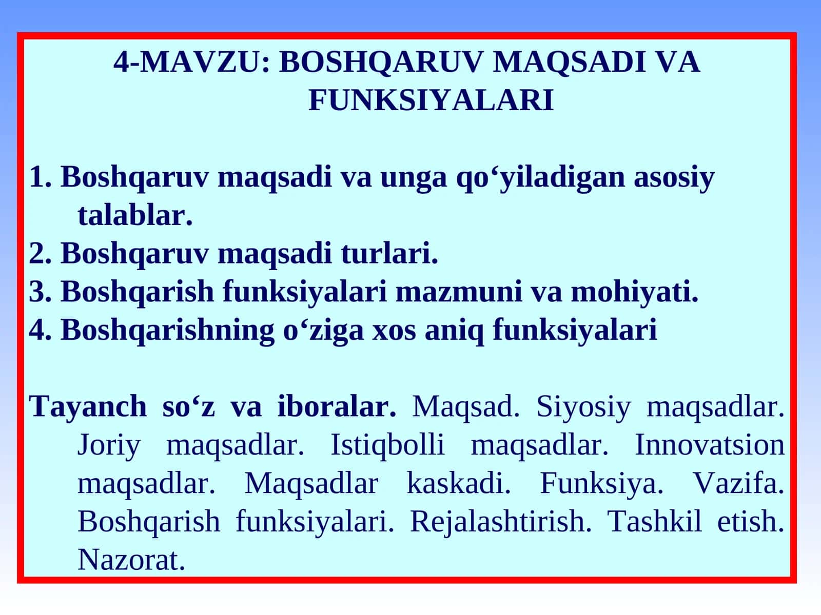 BOSHQARUV MAQSADI VA FUNKSIYALARI
