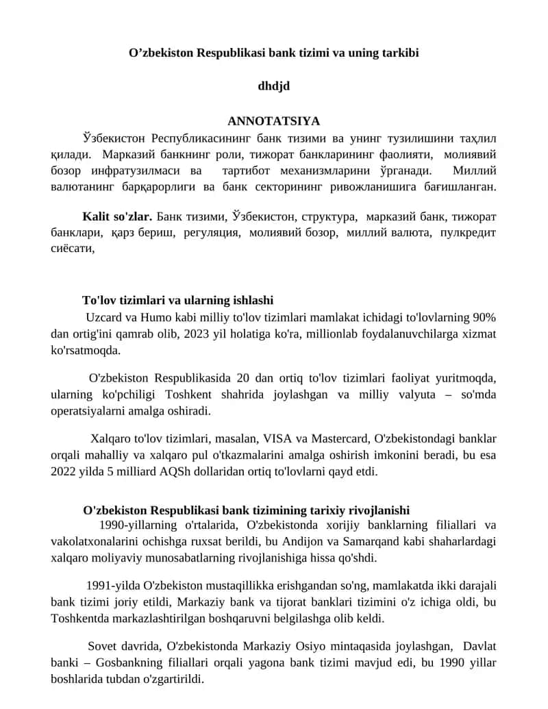 O’zbekiston Respublikasi Bank Tizimi