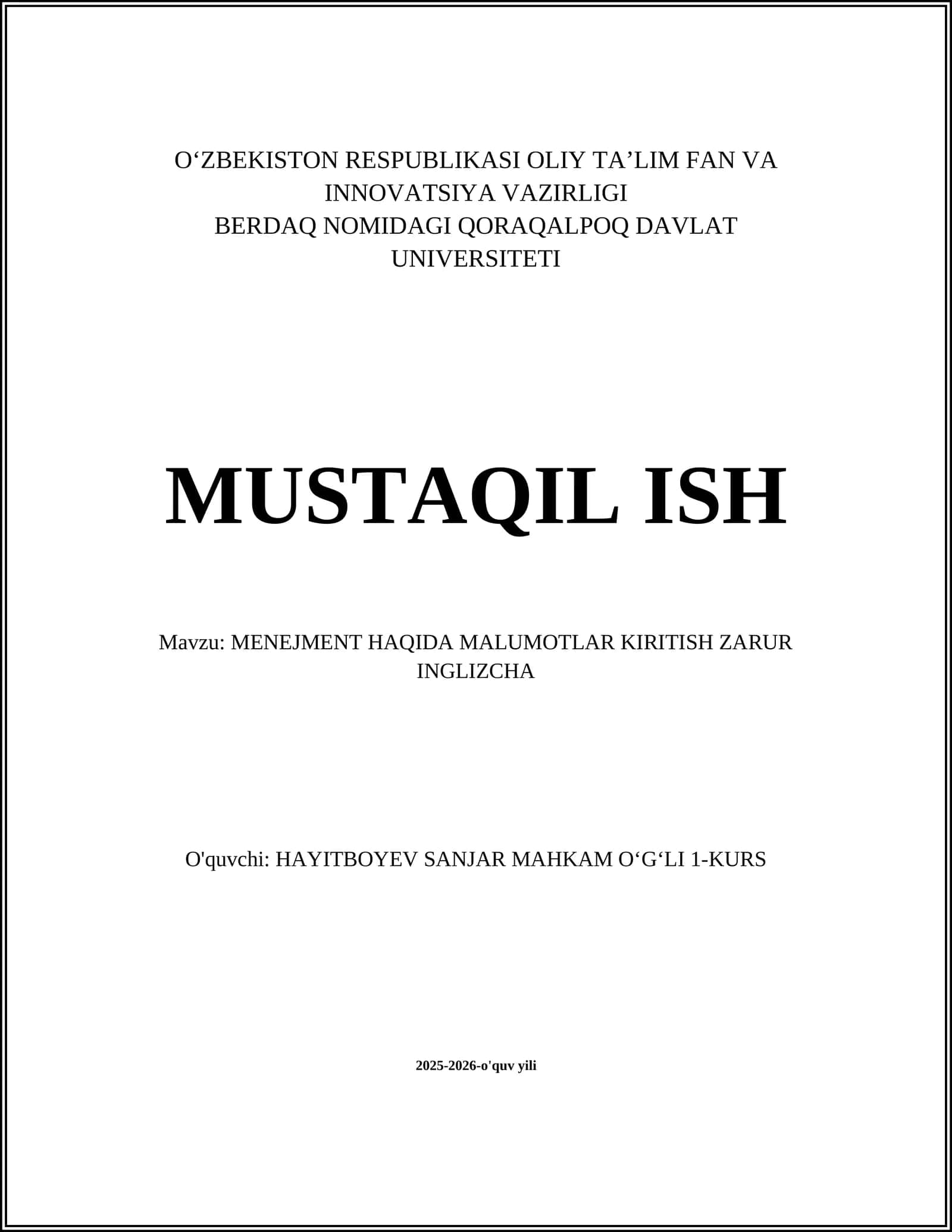 MENEJMENT HAQIDA MALUMOTLAR KIRITISH ZARUR INGLIZCHA