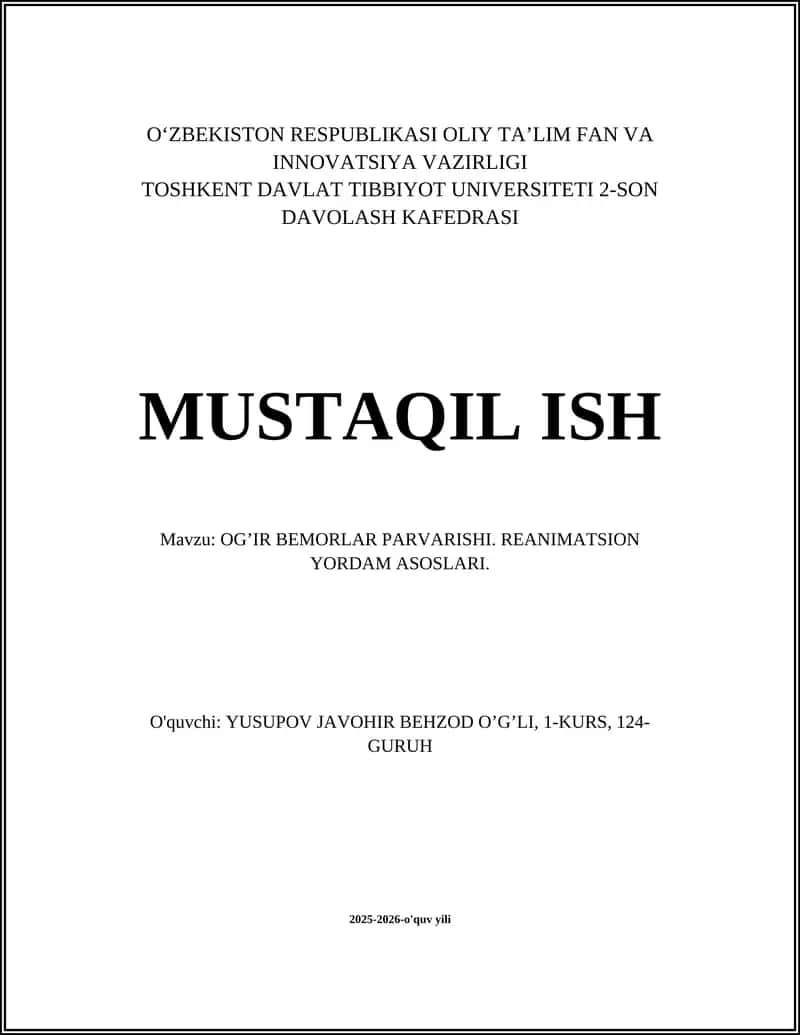 Og’ir Bemorlar Parvarishi. Reanimatsion Yordam Asoslari