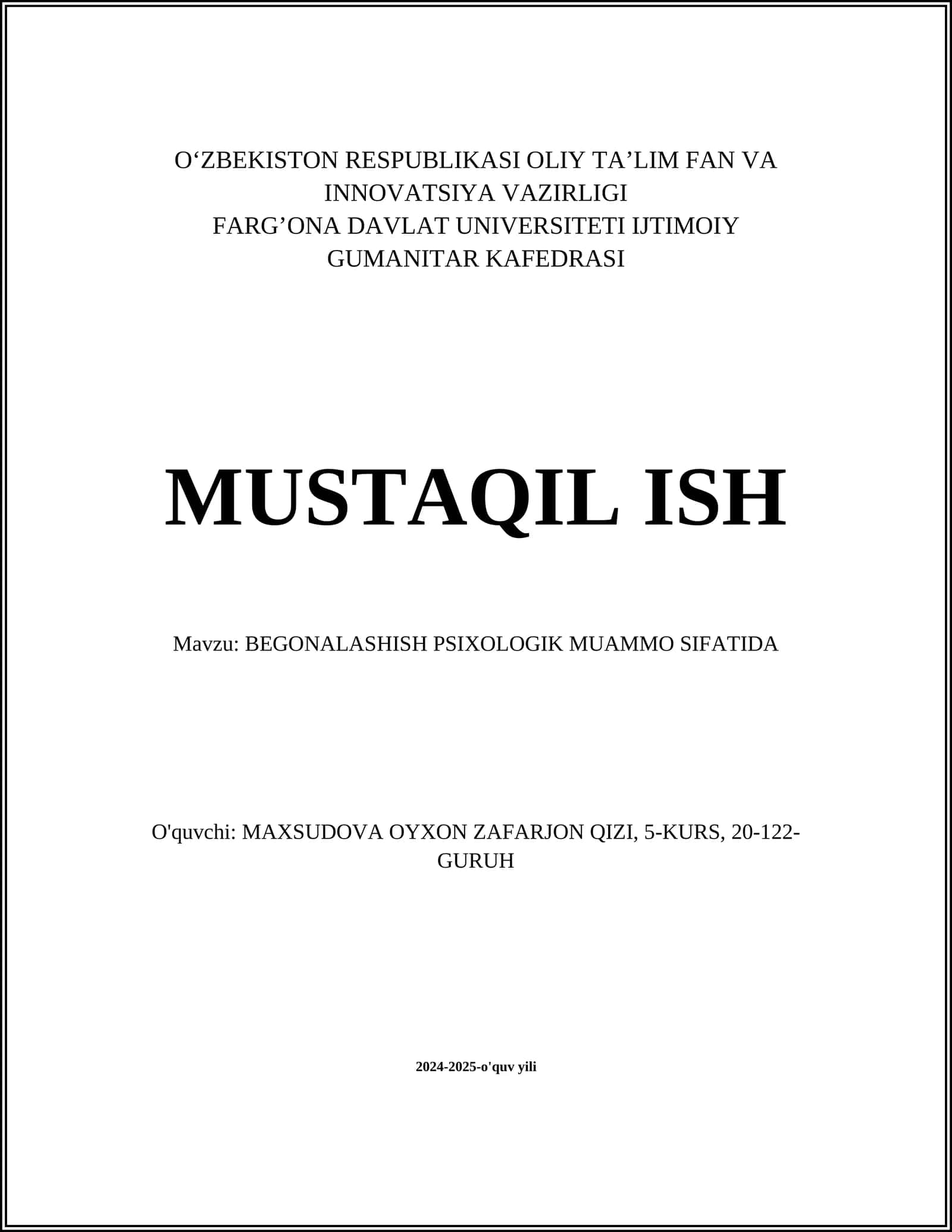 BEGONALASHISH PSIXOLOGIK MUAMMO SIFATIDA