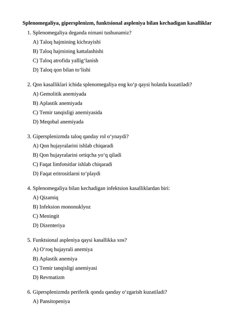 Splenomegaliya, gipersplenizm, funktsional aspleniya bilan kechadigan kasalliklar