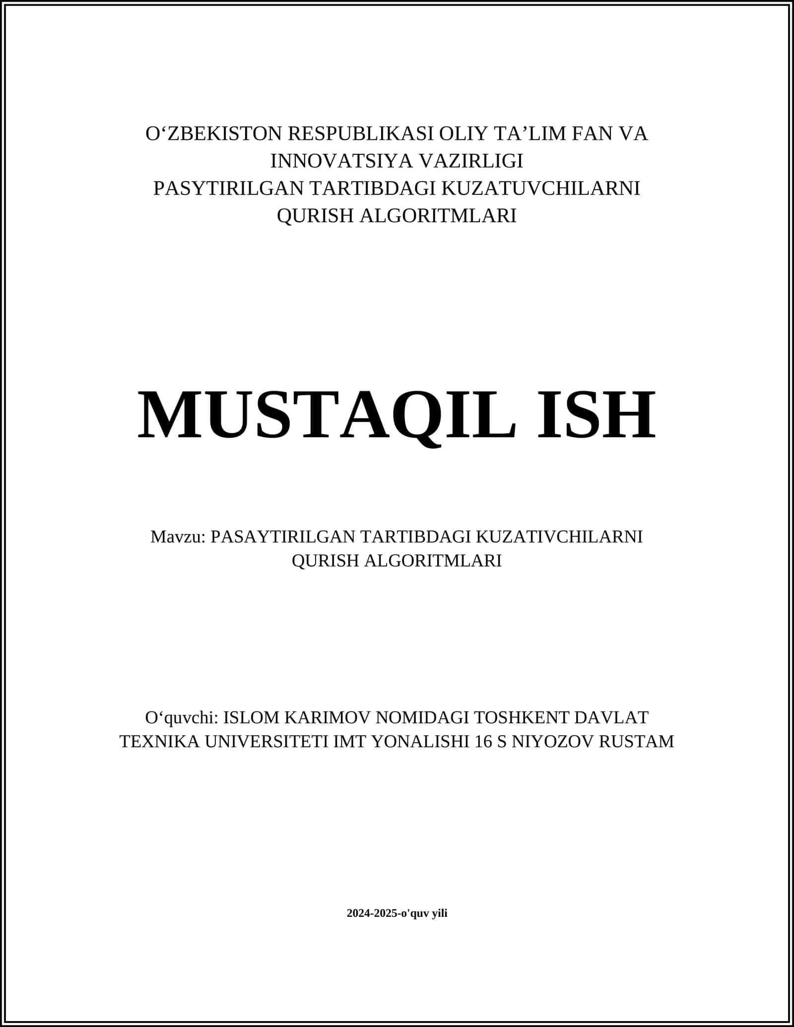PASAYTIRILGAN TARTIBDAGI KUZATUVCHILARNI QURISH ALGORITMLARI