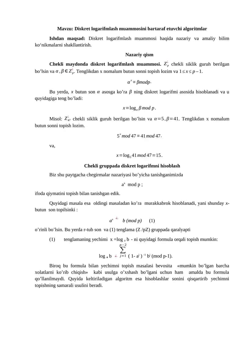 Diskret logarifmlash muammosini bartaraf etuvchi algoritmlar