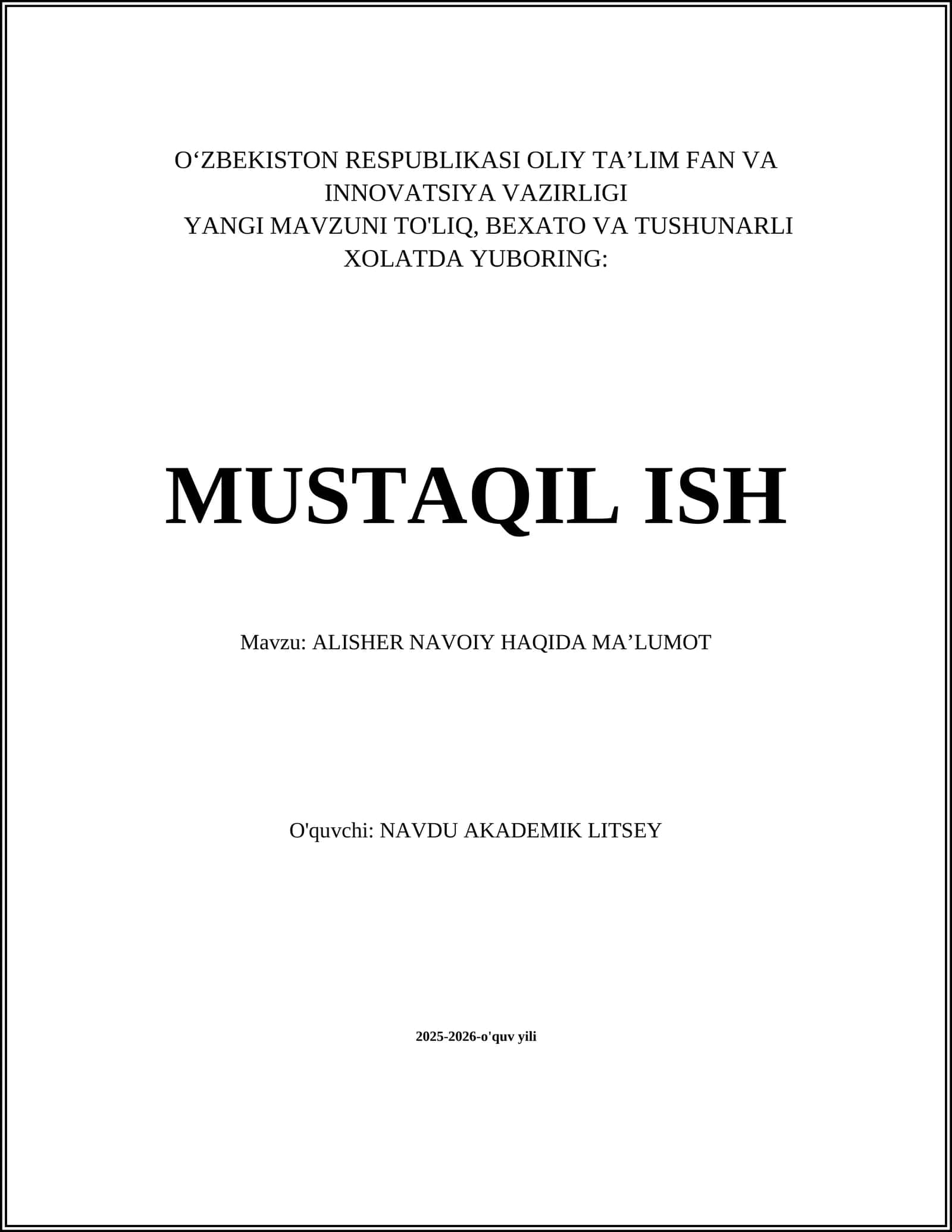 ALISHER NAVOIY HAQIDA MAʼLUMOT