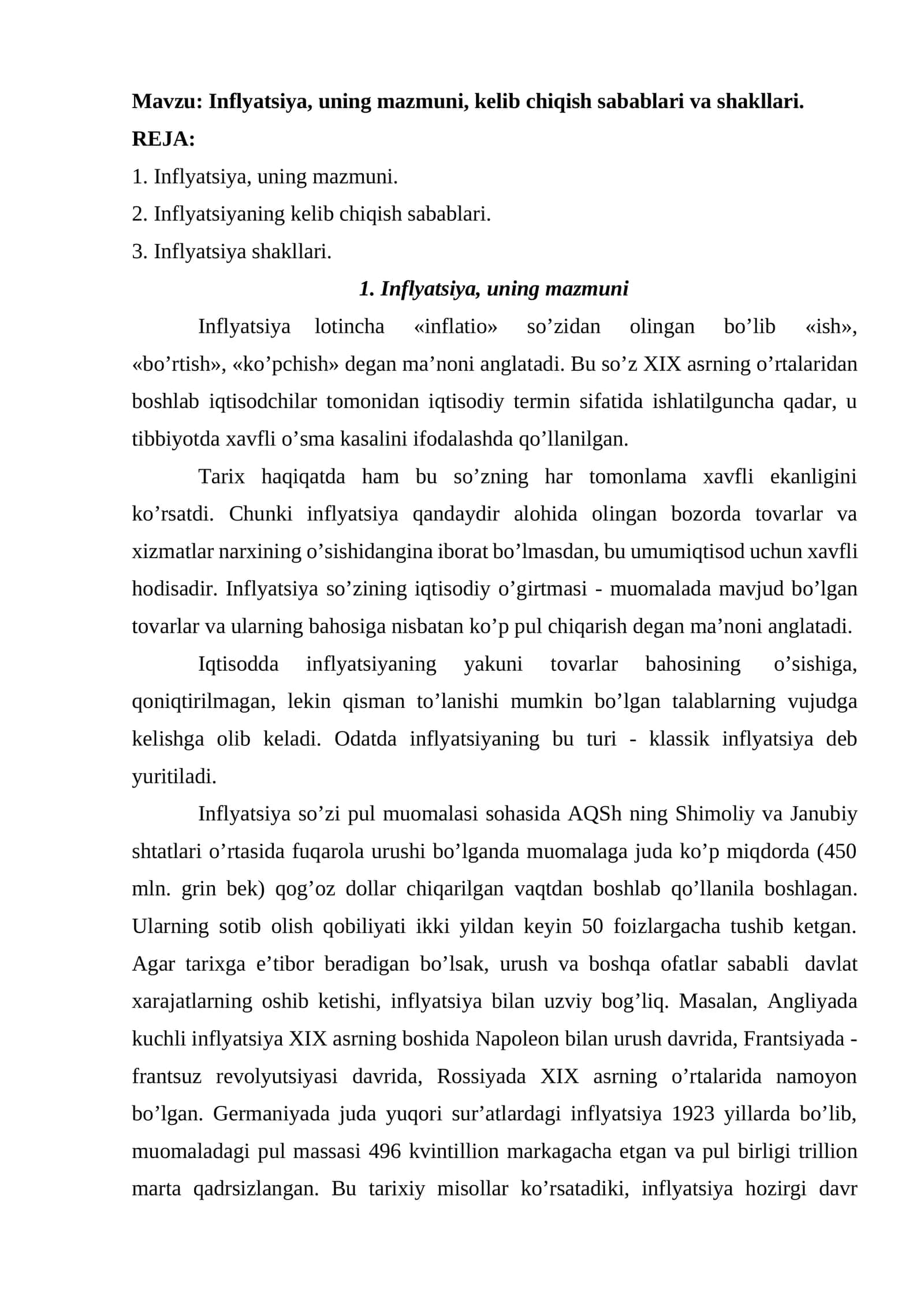 Inflyatsiya, uning mazmuni, kelib chiqish sabablari va shakllari