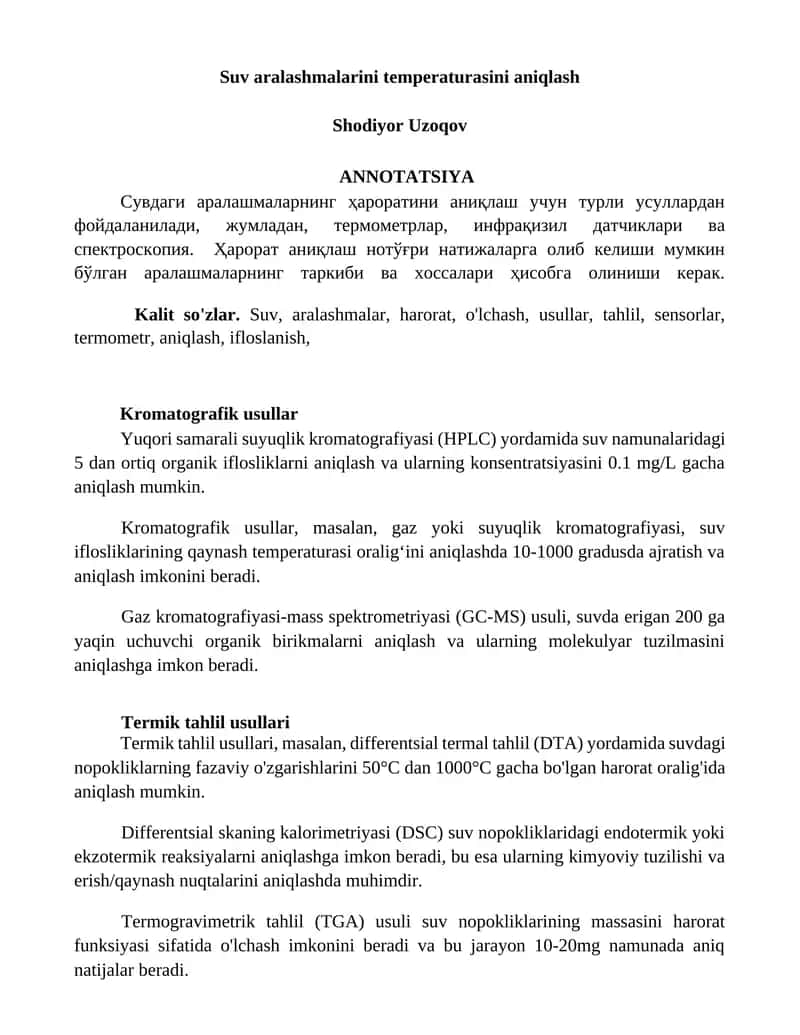 Suv aralashmalarini temperaturasini aniqlash