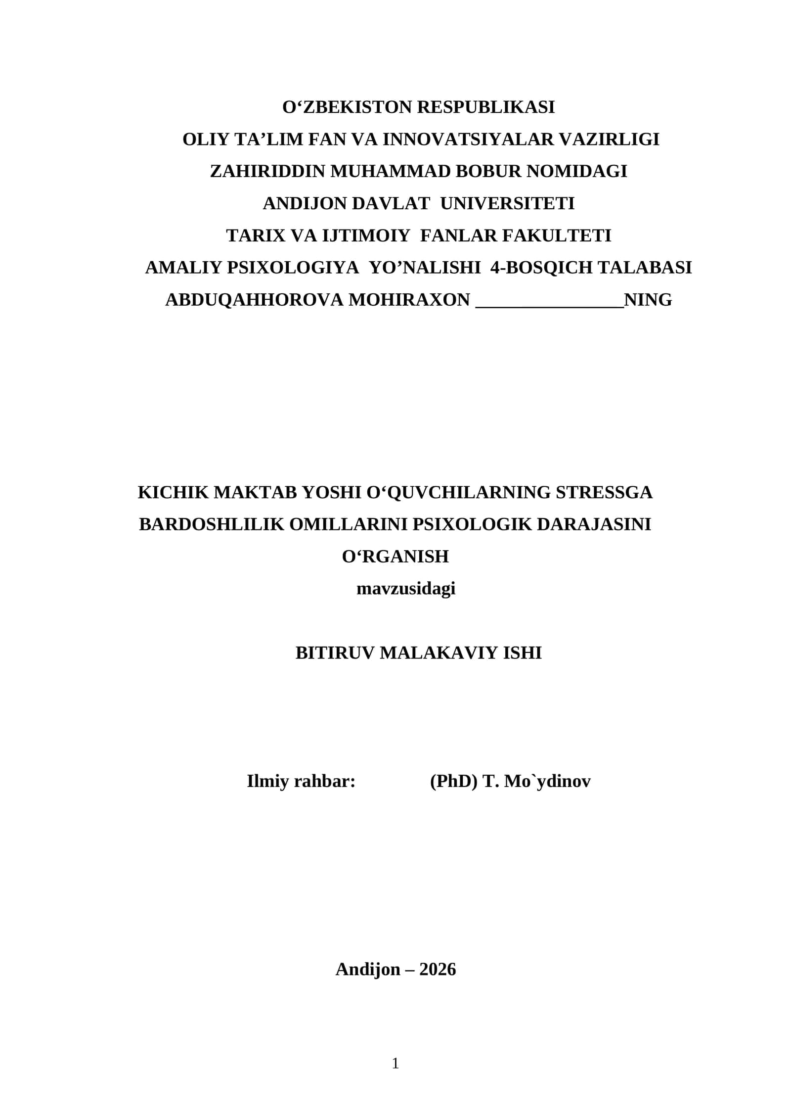 KICHIK MAKTAB YOSHI OʻQUVCHILARNING STRESSGA BARDOSHLILIK OMILLARINI PSIXOLOGIK DARAJASINI OʻRGANISH