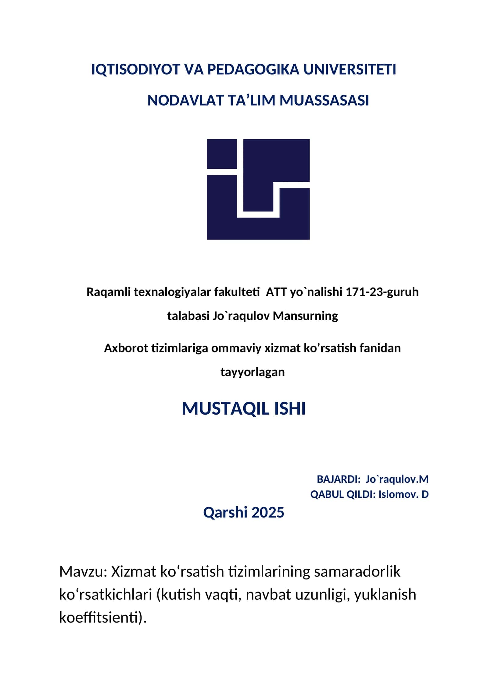 Xizmat ko‘rsatish tizimlarining samaradorlik ko‘rsatkichlari