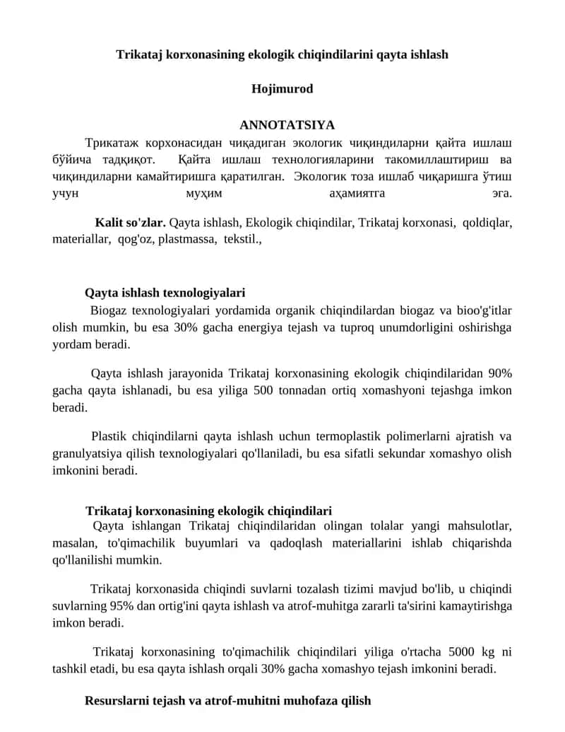 Trikataj korxonasining ekologik chiqindilarini qayta ishlash