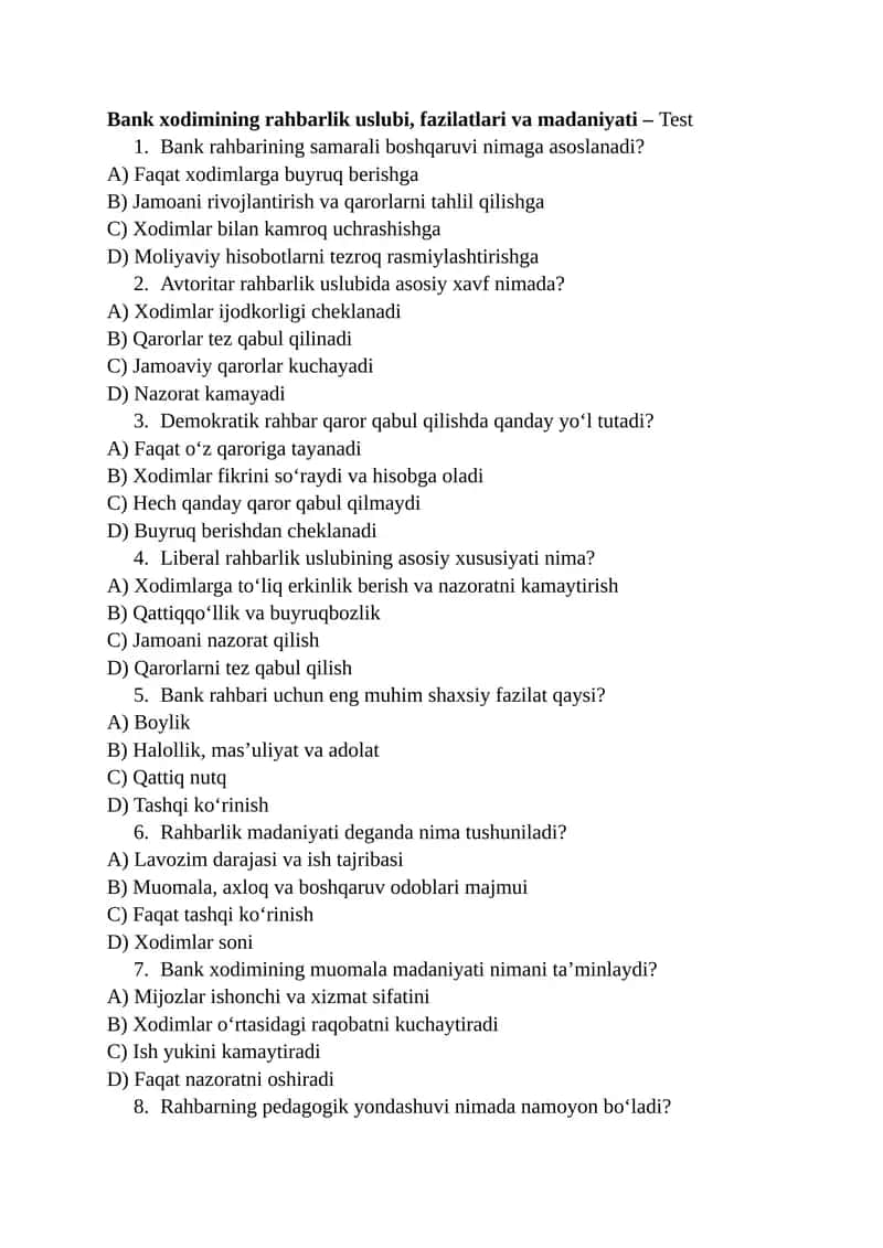 Bank xodimining rahbarlik uslubi, fazilatlari va madaniyati – Test