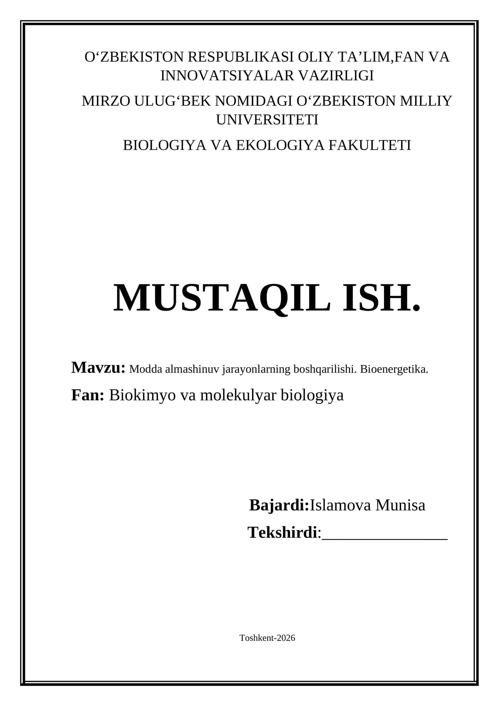 Modda almashinuv jarayonlarning boshqarilishi. Bioenergetika