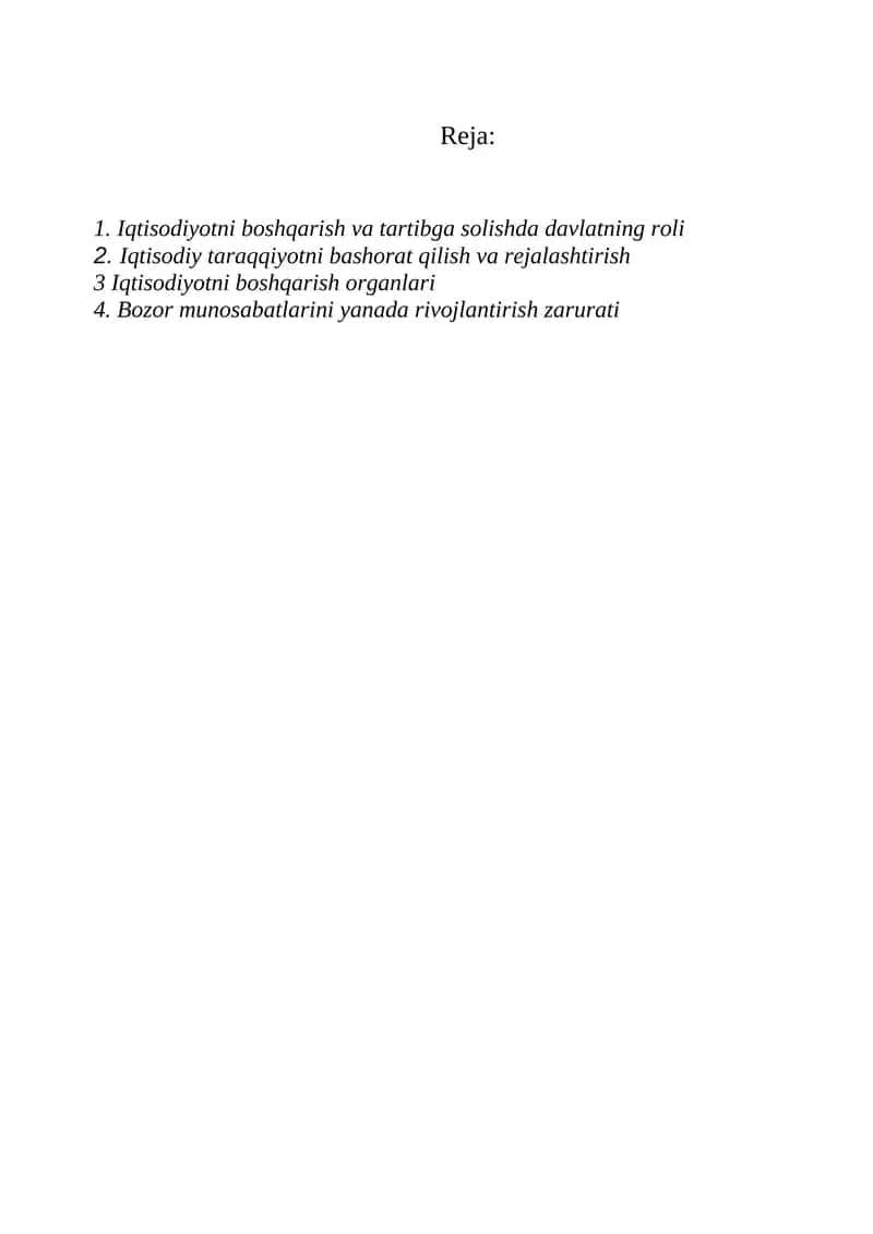 Iqtisodiyotni boshqarish va tartibga solishda davlatning roli