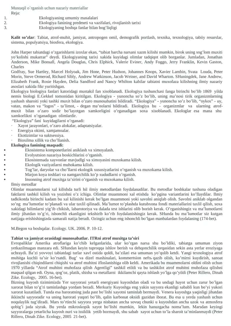 Ekologiya fanining umumiy masalalari