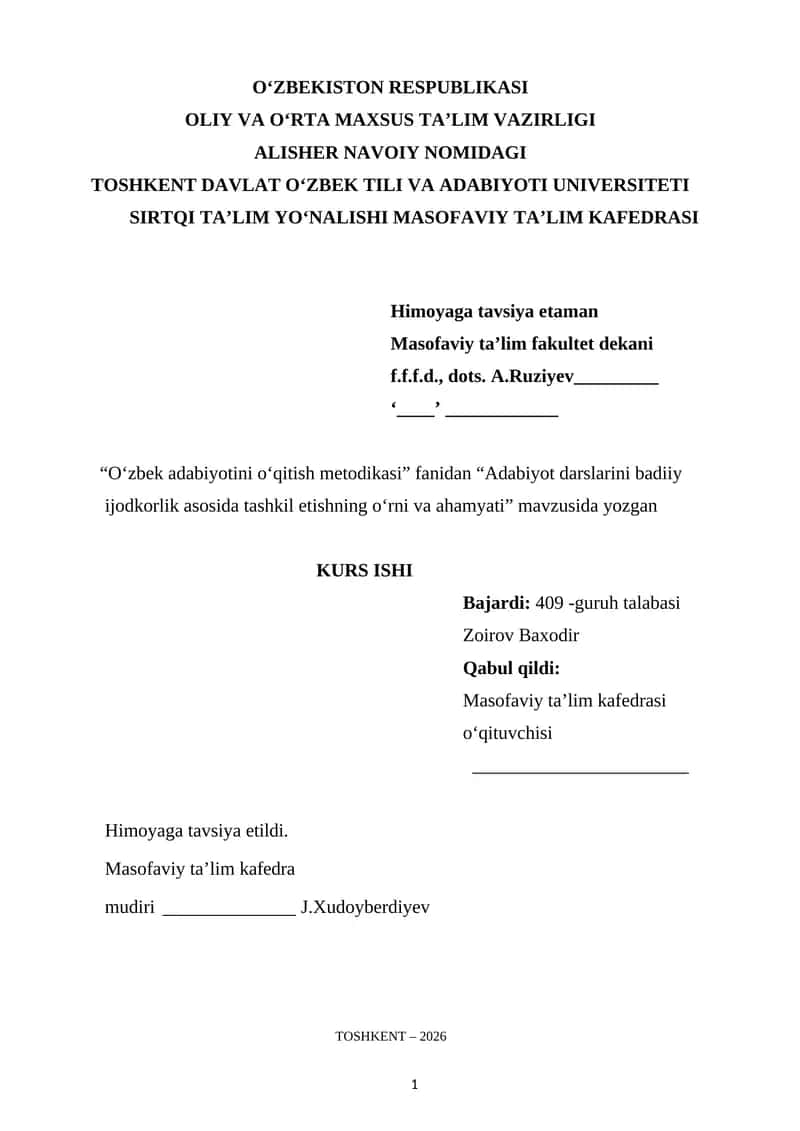 Adabiyot darslarini badiiy ijodkorlik asosida tashkil etishning o‘rni va ahamyati.
