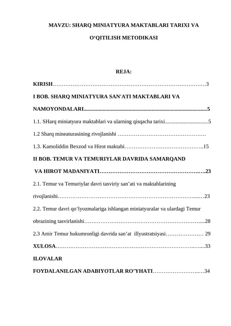 SHARQ MINIATYURA MAKTABLARI TARIXI VA OʻQITILISH METODIKASI