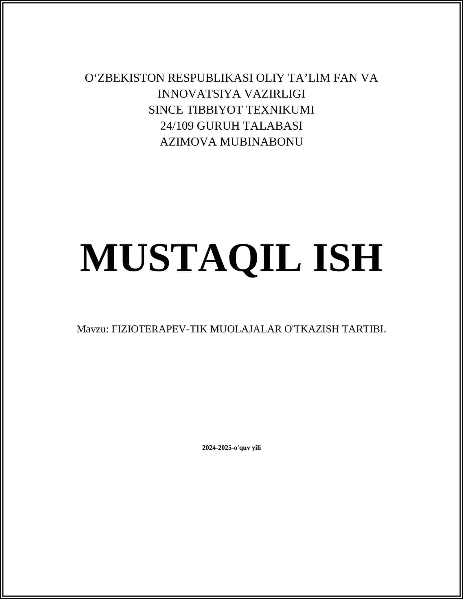 FIZIOTERAPEV-TIK MUOLAJALAR O'TKAZISH TARTIBI