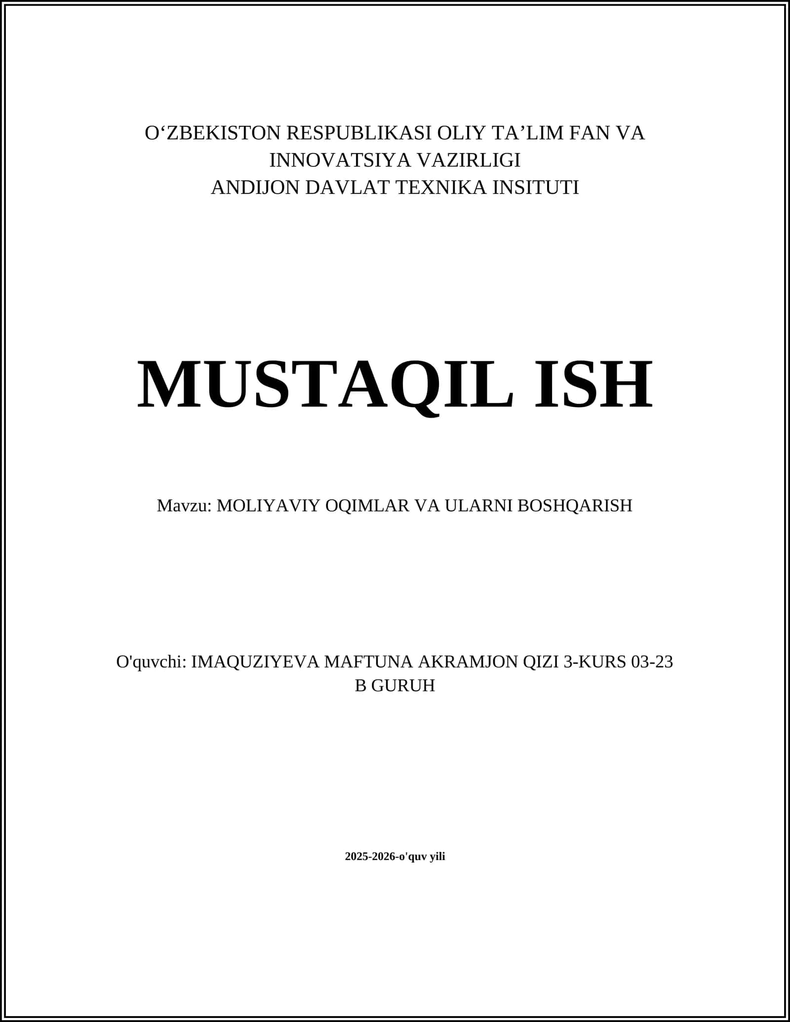 MOLIYAVIY OQIMLAR VA ULARNI BOSHQARISH