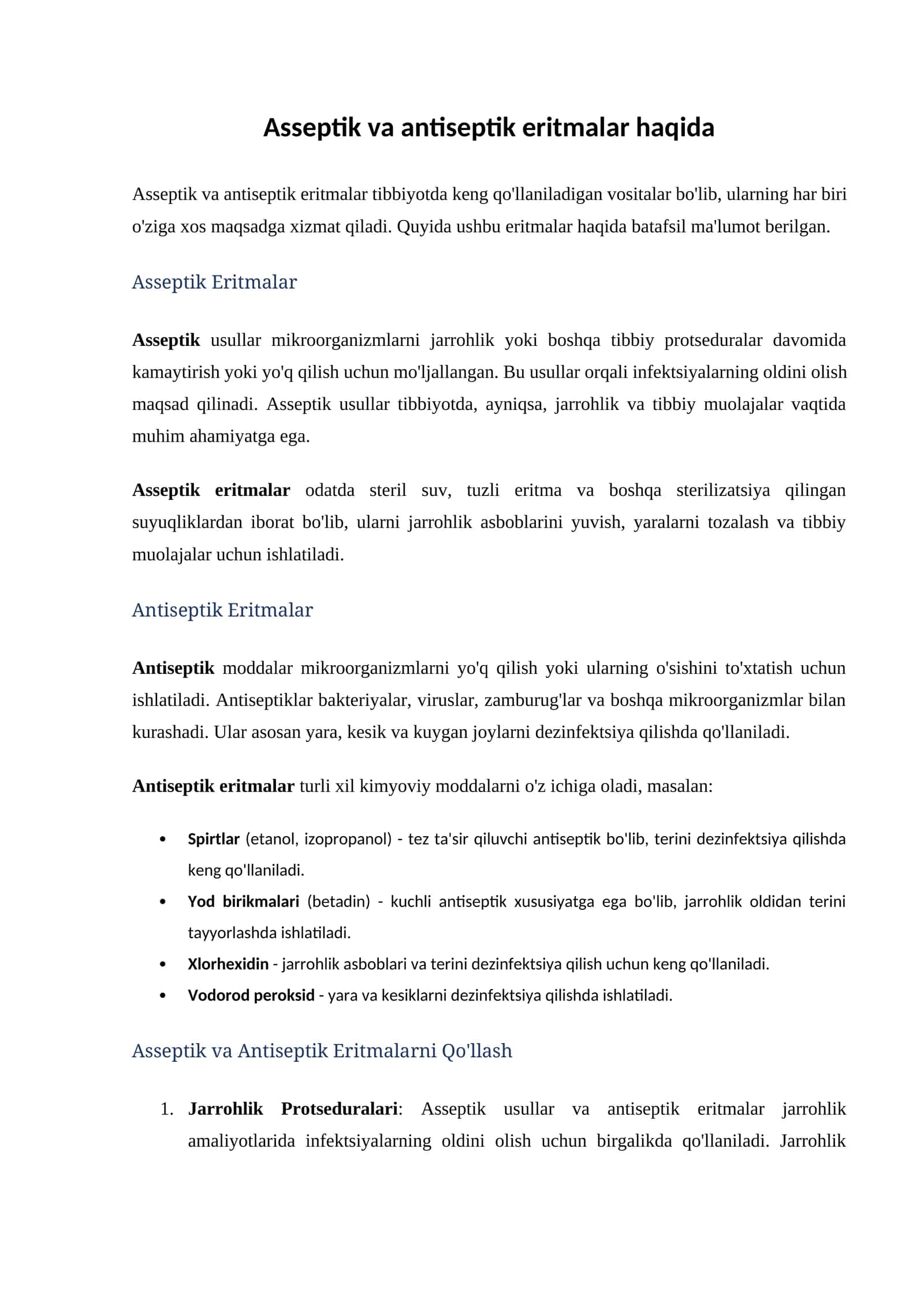 Asseptik va antiseptik eritmalar haqida