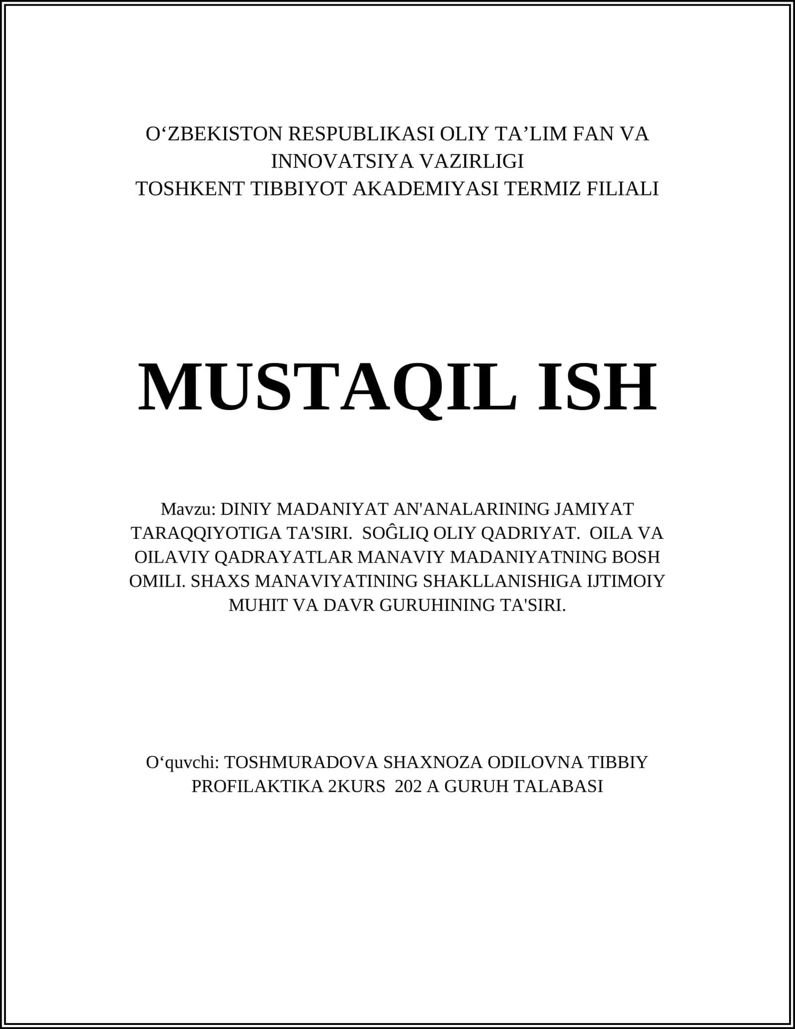 DINIY MADANIYAT AN'ANALARINING JAMIYAT TARAQQIYOTIGA TA'SIRI