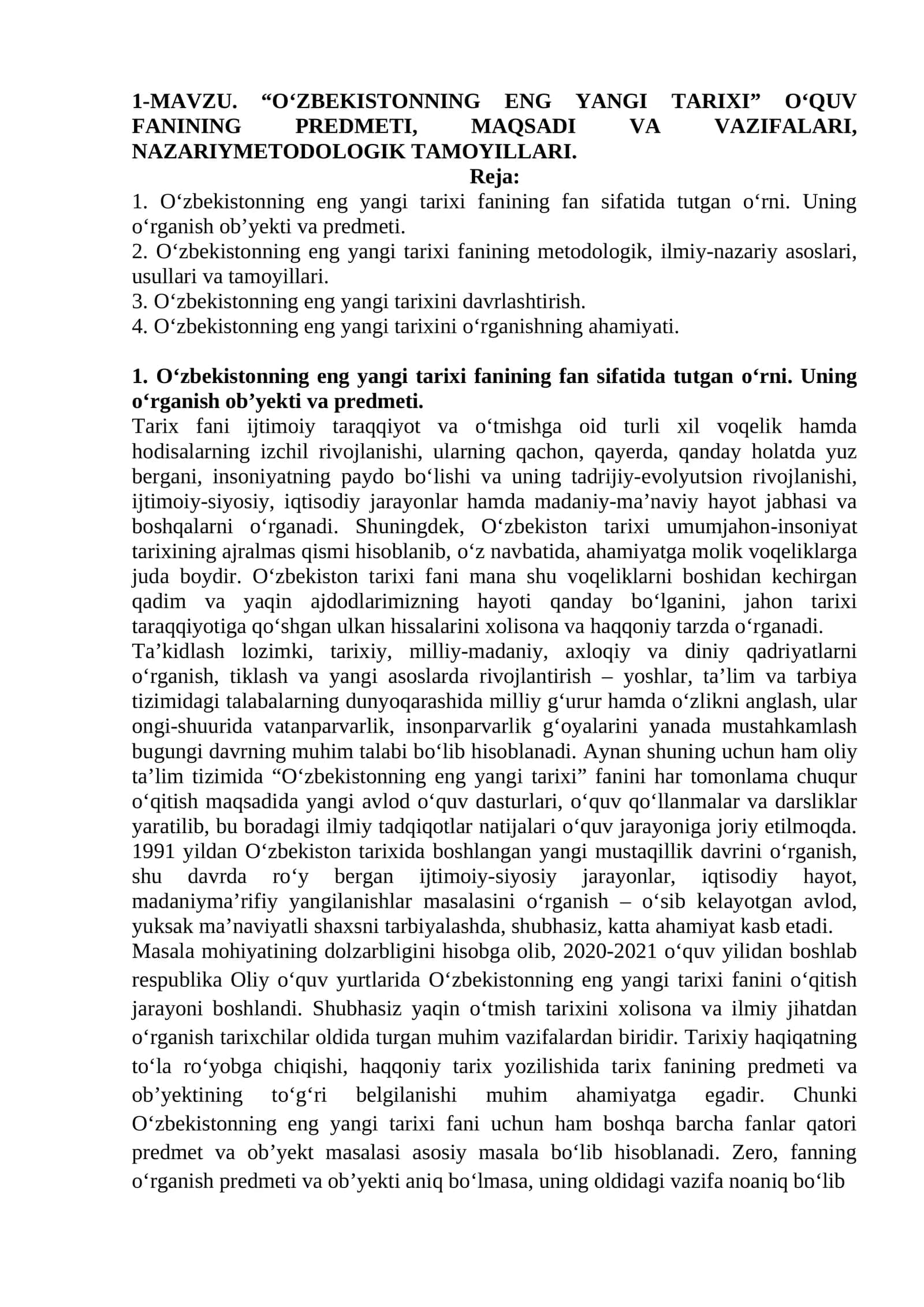 O‘ZBEKISTONNING ENG YANGI TARIXI