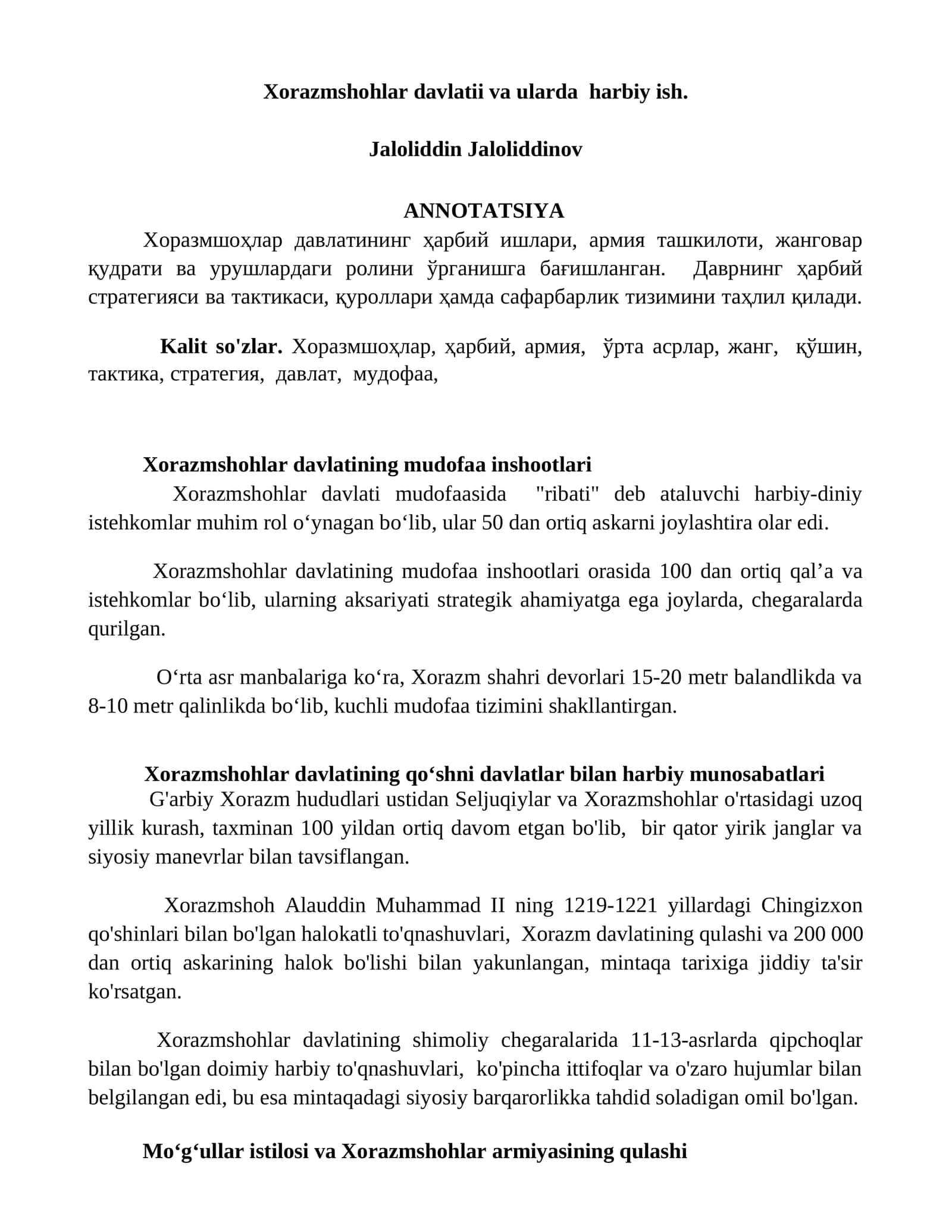 Xorazmshohlar davlatii va ularda harbiy ish