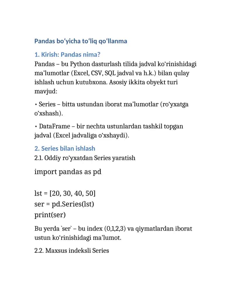 Pandas bo‘yicha to‘liq qo‘llanma