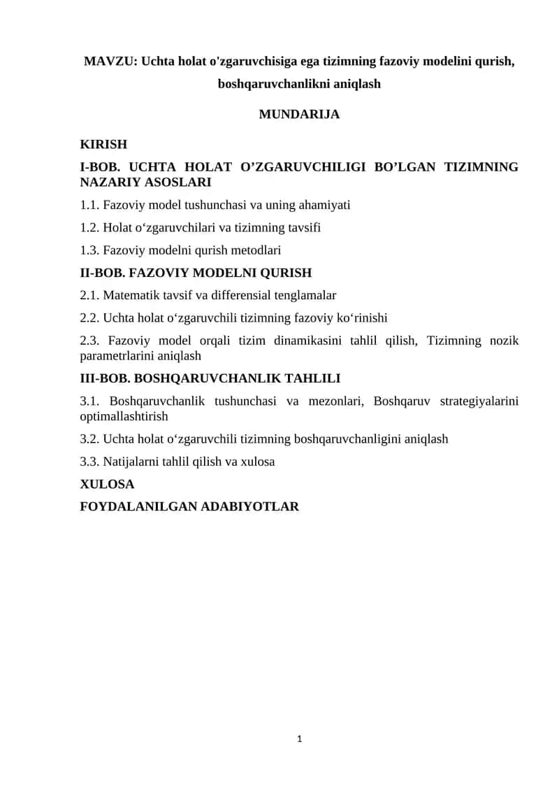 Uchta holat o'zgaruvchisiga ega tizimning fazoviy modelini qurish, boshqaruvchanlikni aniqlash