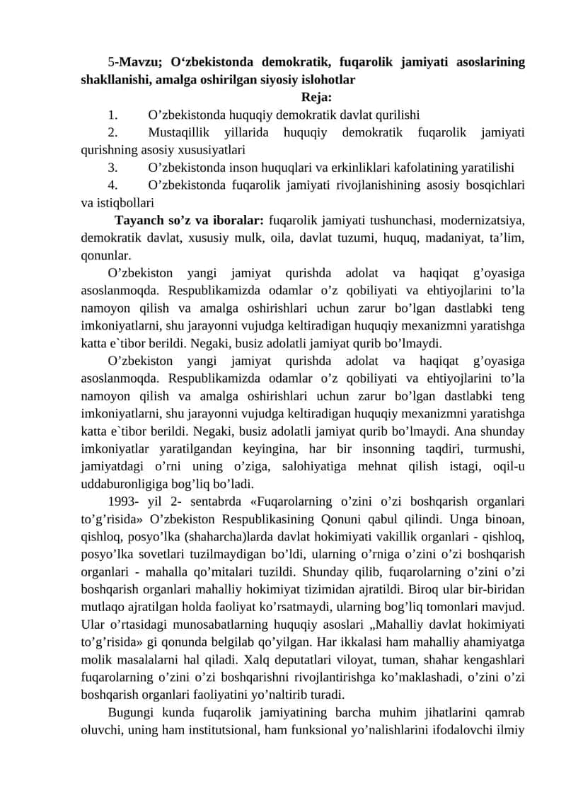 O‘zbekistonda demokratik, fuqarolik jamiyati asoslarining shakllanishi, amalga oshirilgan siyosiy islohotlar