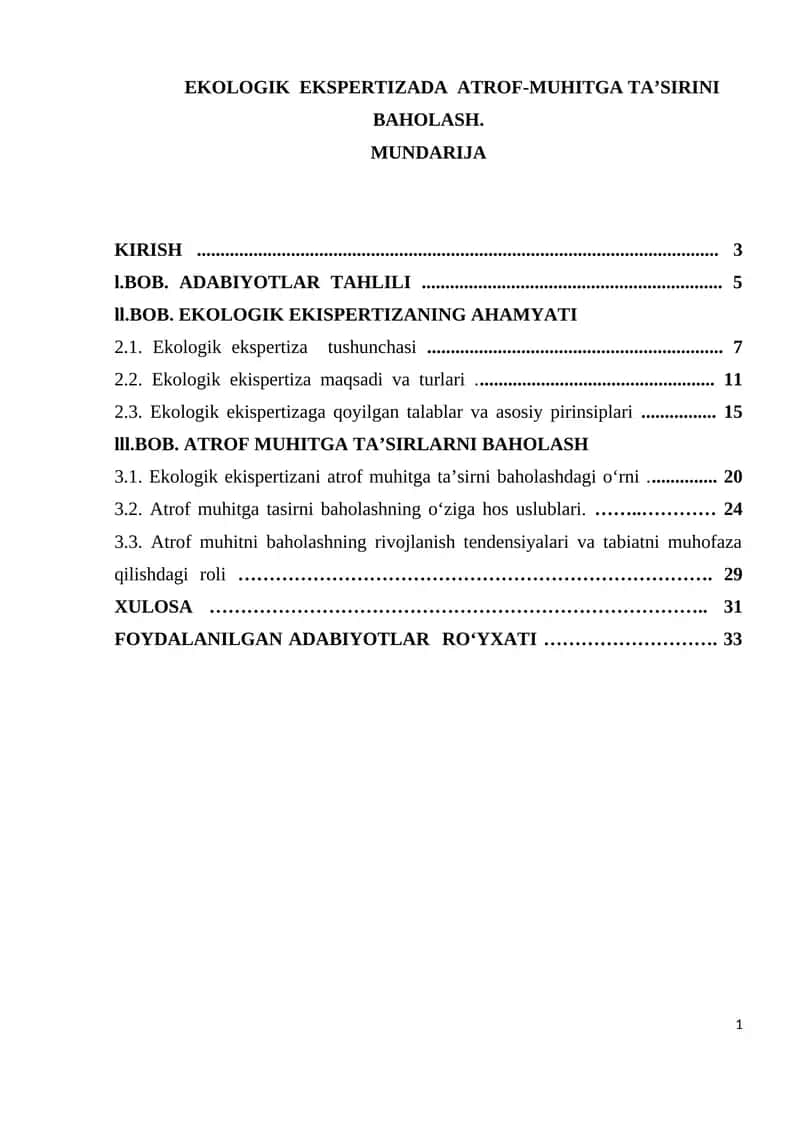 EKOLOGIK EKSPERTIZADA ATROF-MUHITGA TA’SIRINI BAHOLASH