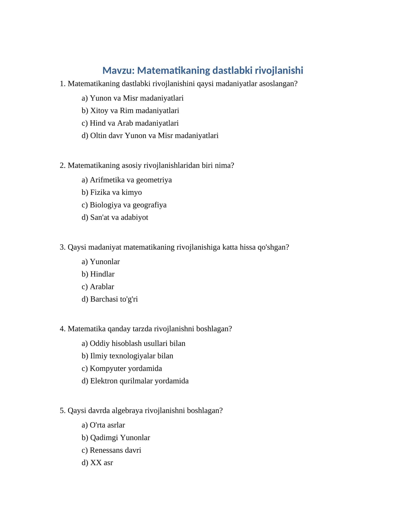 Matematikaning dastlabki rivojlanishi
