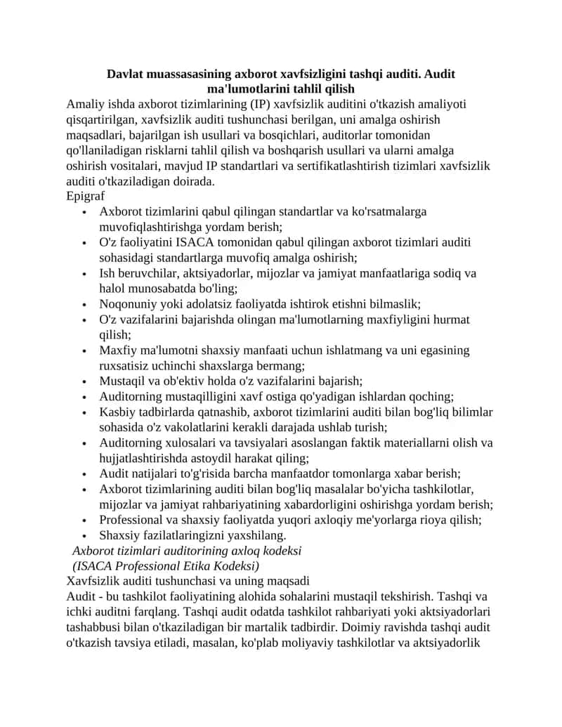 Davlat muassasasining axborot xavfsizligini tashqi auditi. Audit ma'lumotlarini tahlil qilish