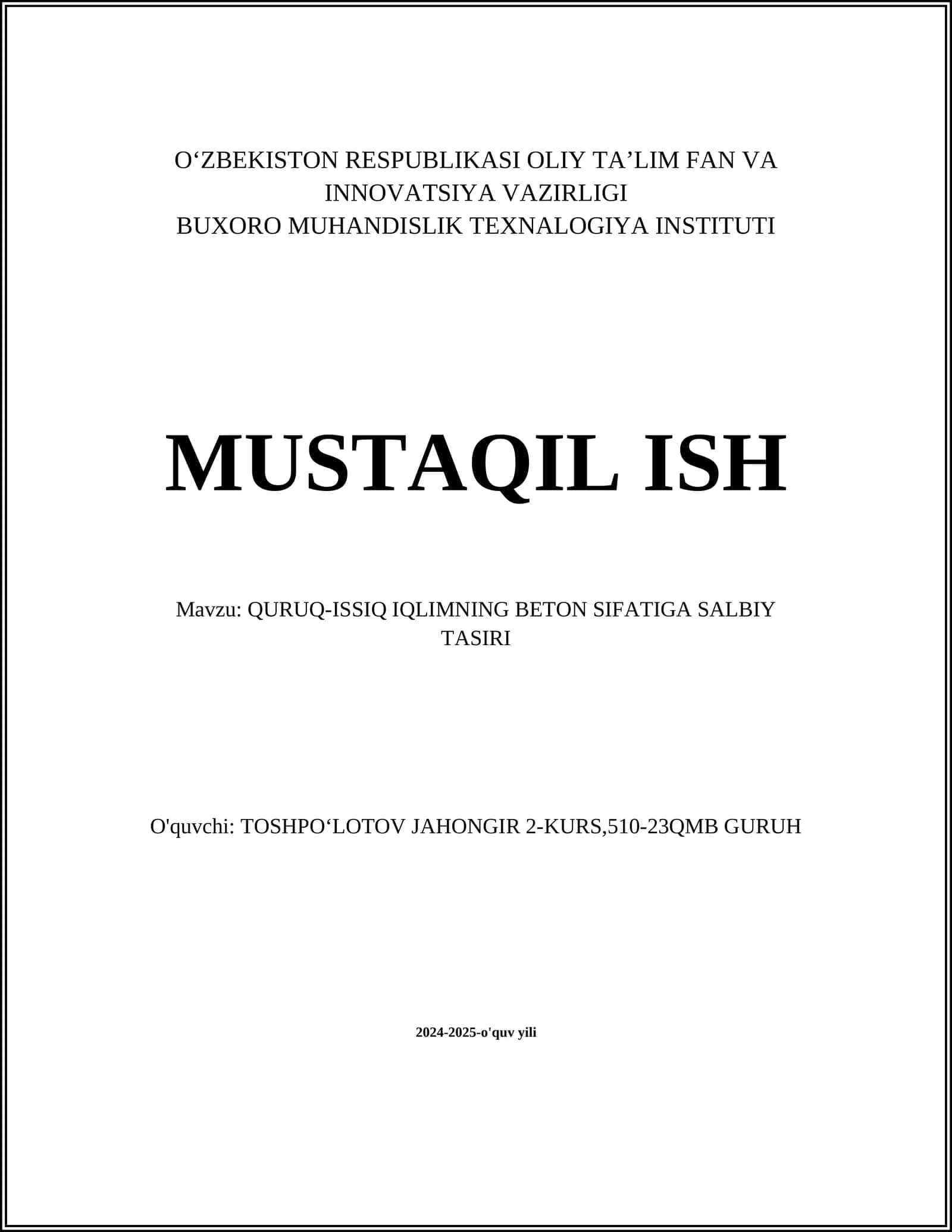 QURUQ-ISSIQ IQLIMNING BETON SIFATIGA SALBIY TASIRI
