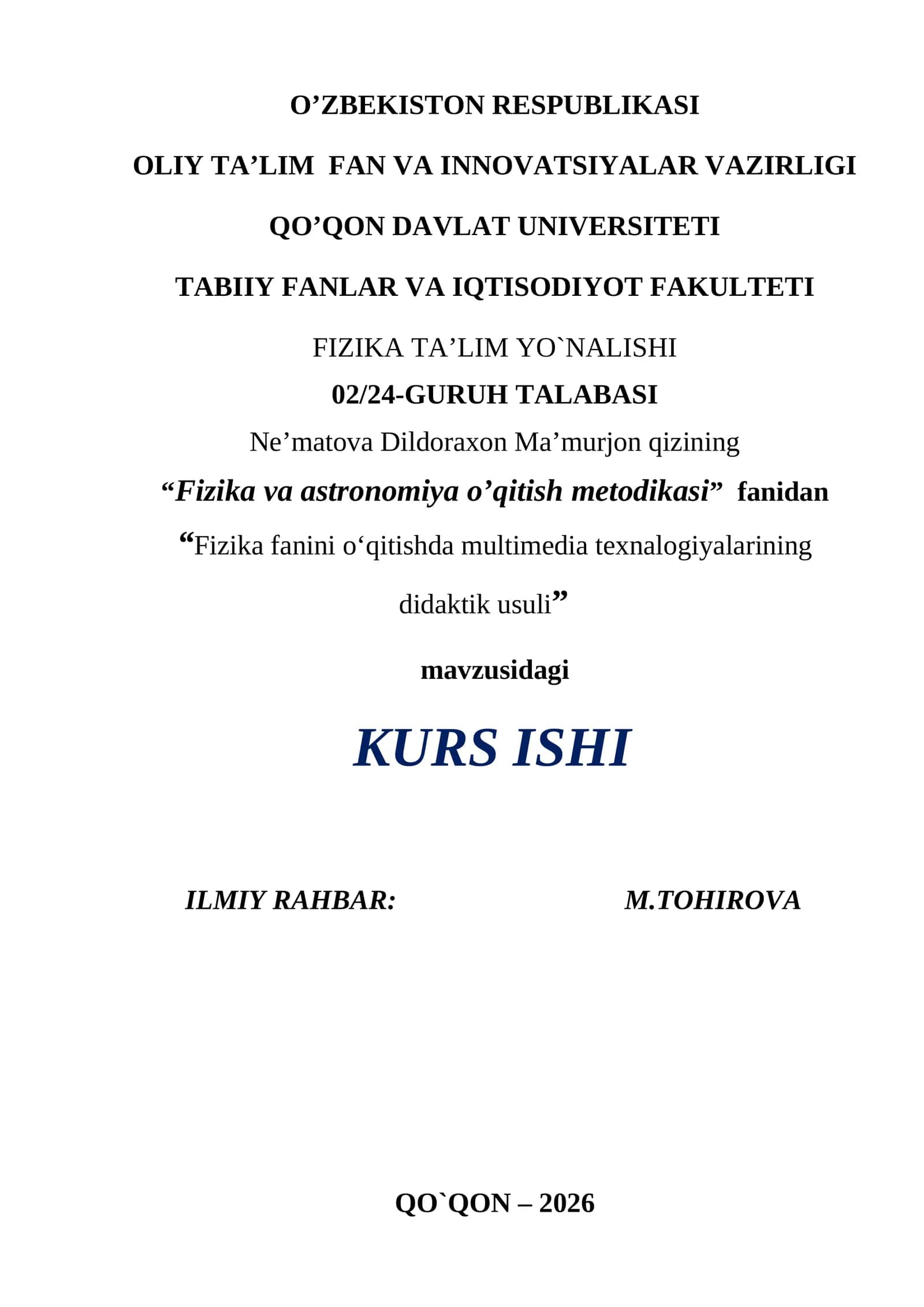 "Fizika va astronomiya o’qitish metodikasi"