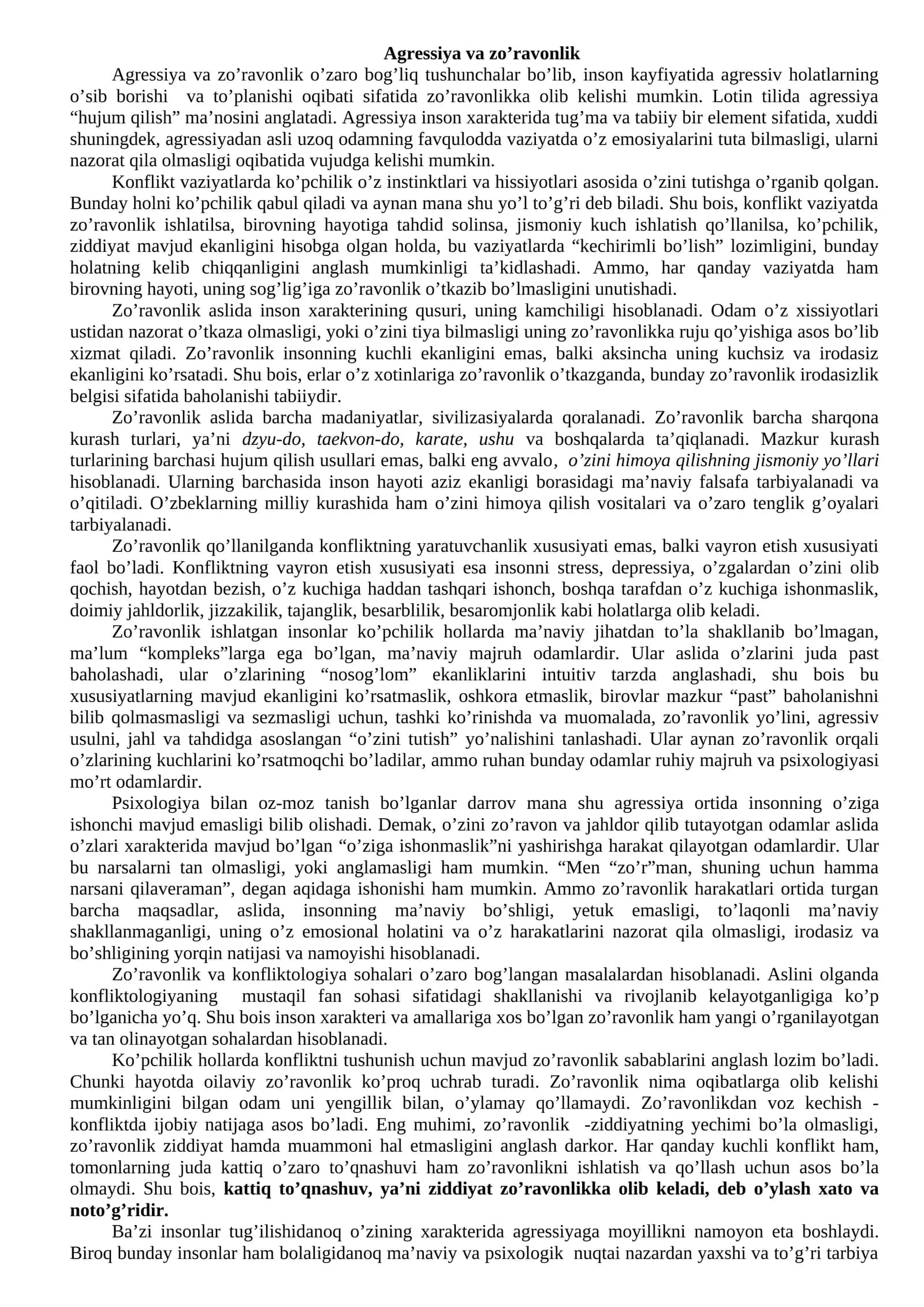 Agressiya va zo’ravonlik