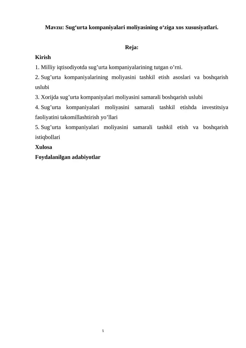 Sug‘urta kompaniyalari moliyasining o‘ziga xos xususiyatlari