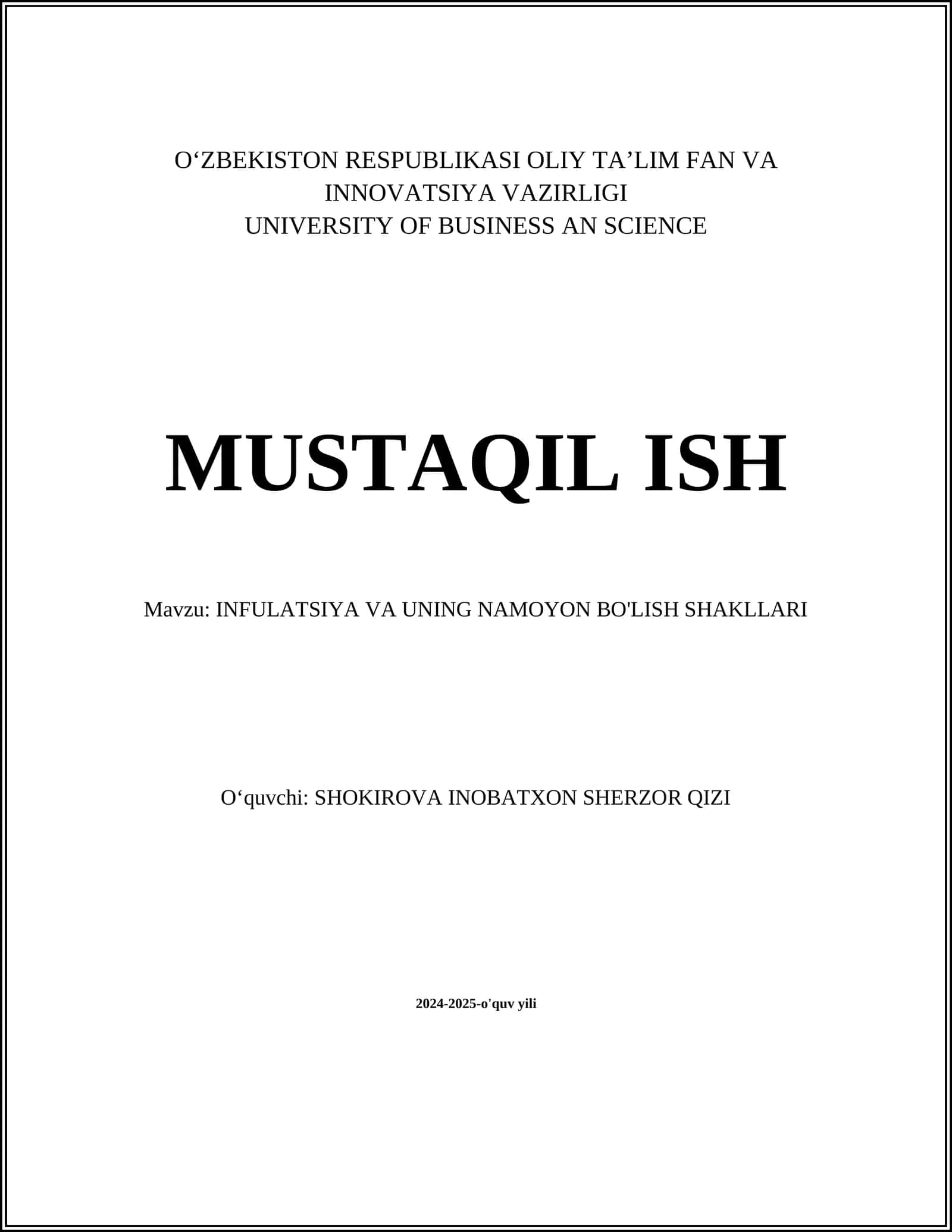 INFULATSIYA VA UNING NAMOYON BO'LISH SHAKLLARI