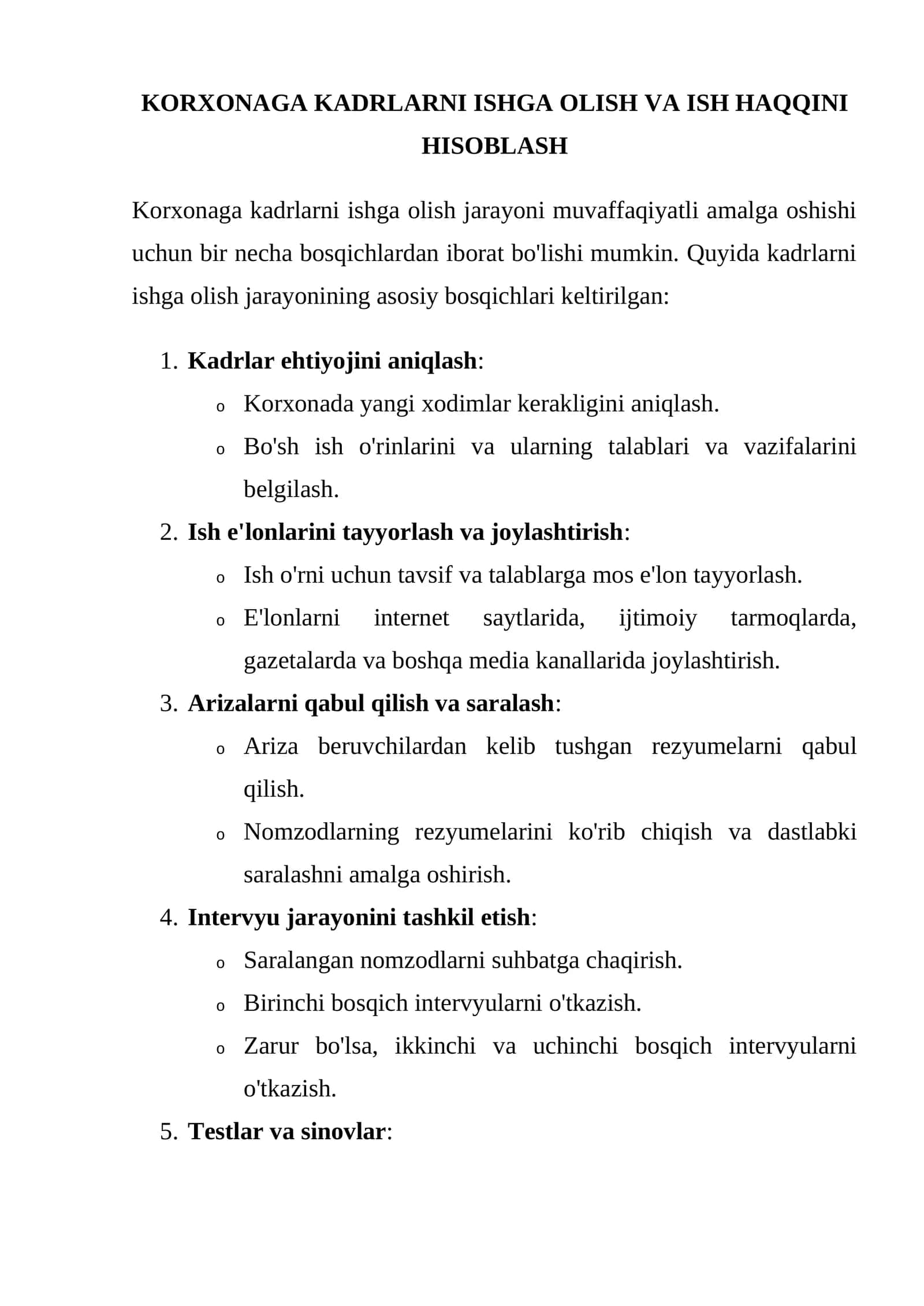 KORXONAGA KADRLARNI ISHGA OLISH VA ISH HAQQINI HISOBLASH