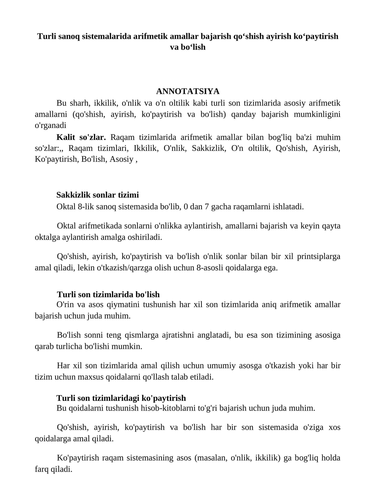 Raqam tizimlari bo'limlarida arifmetik amallar