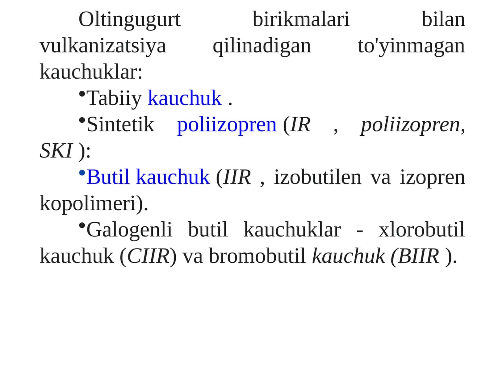 Oltingugurt birikmalari bilan vulkanizatsiya qilinadigan to'yinma g'ankaunchuklar