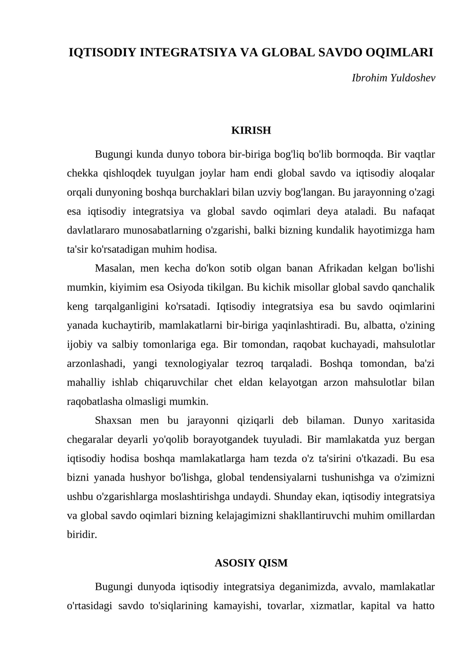 IQTISODIY INTEGRATSIYA VA GLOBAL SAVDO OQIMLARI