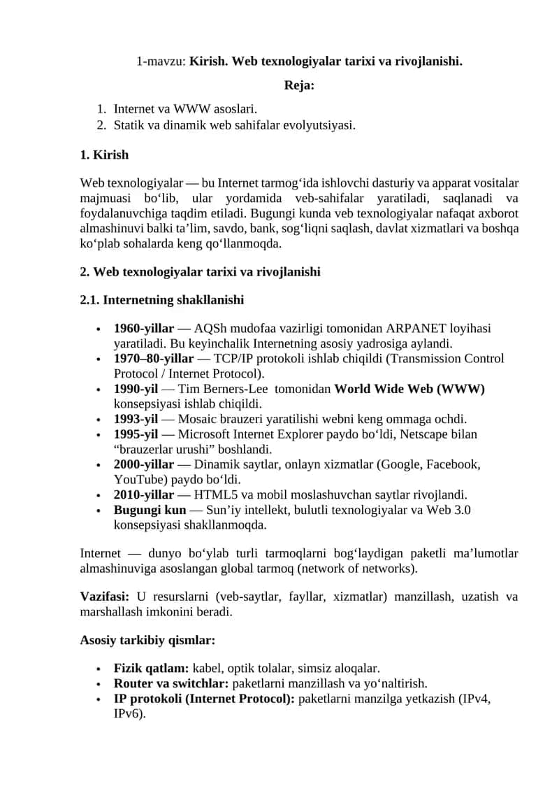 Web texnologiyalar tarixi va rivojlanishi