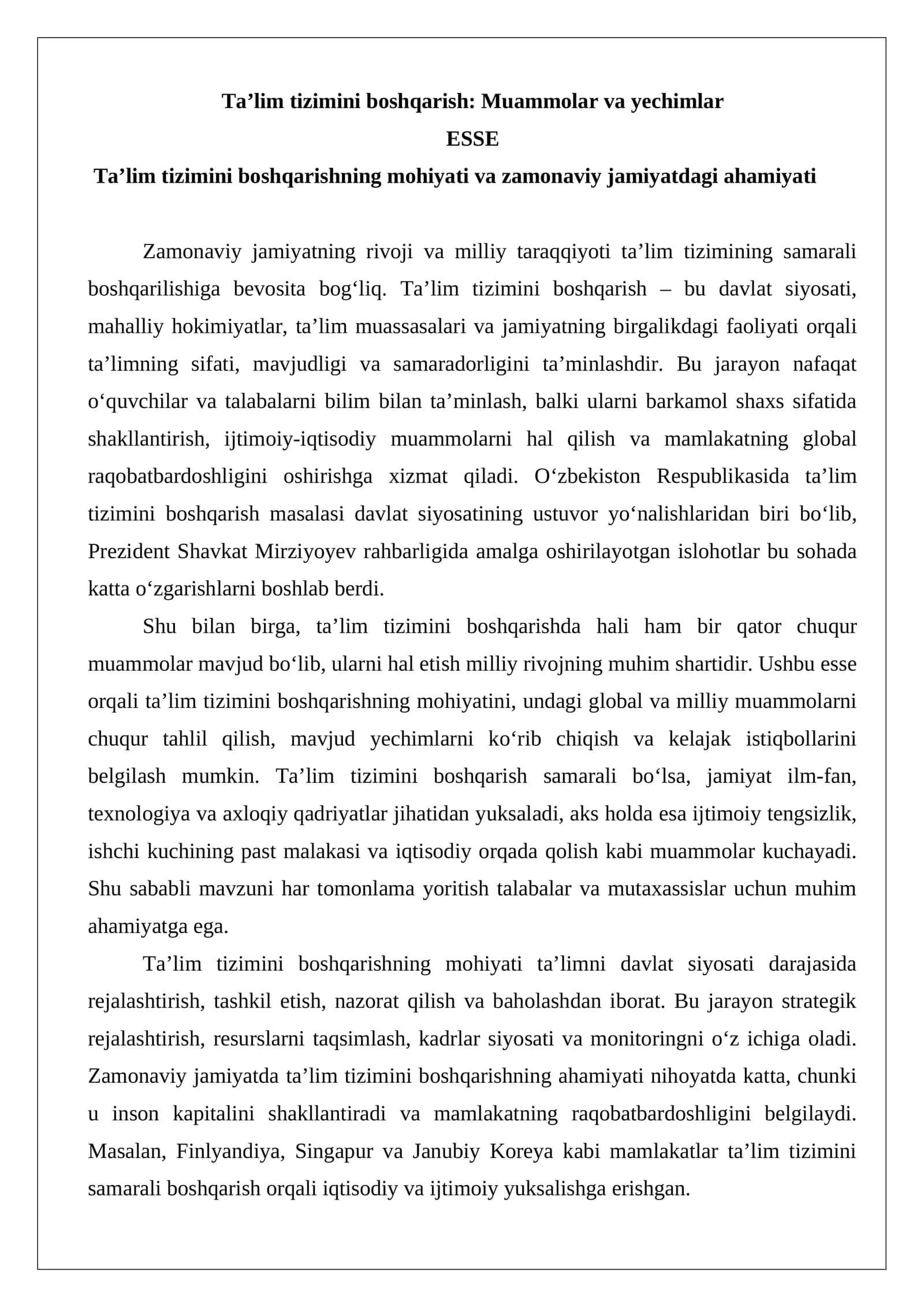 Ta’lim tizimini boshqarish: Muammolar va yechimlar