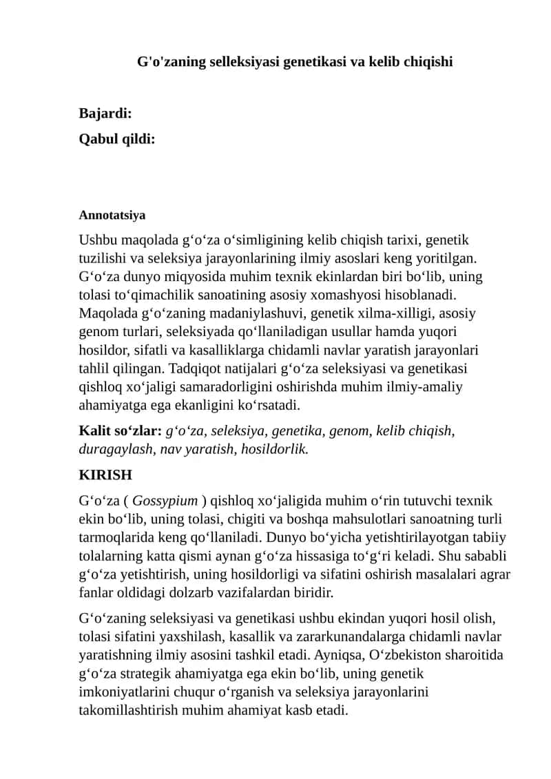 G‘o‘zaning selleksiyasi genetikasi va kelib chiqishi