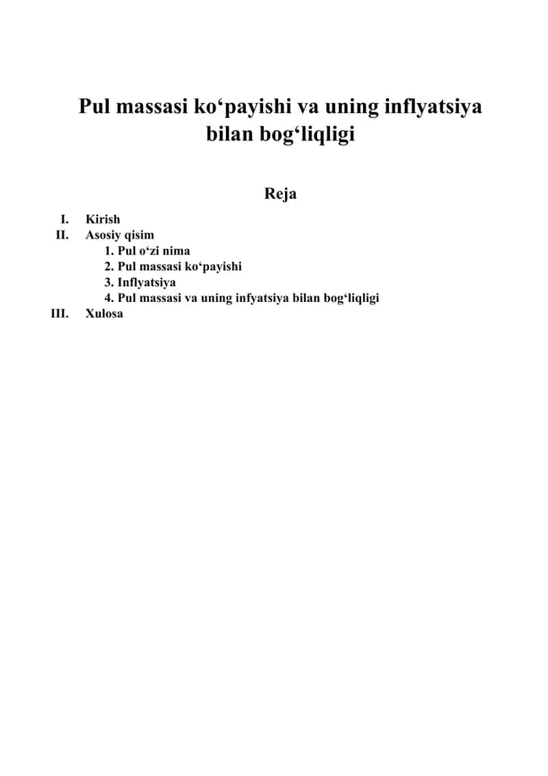 Pul massasi ko‘payishi va uning inflyatsiya bilan bog‘liqligi