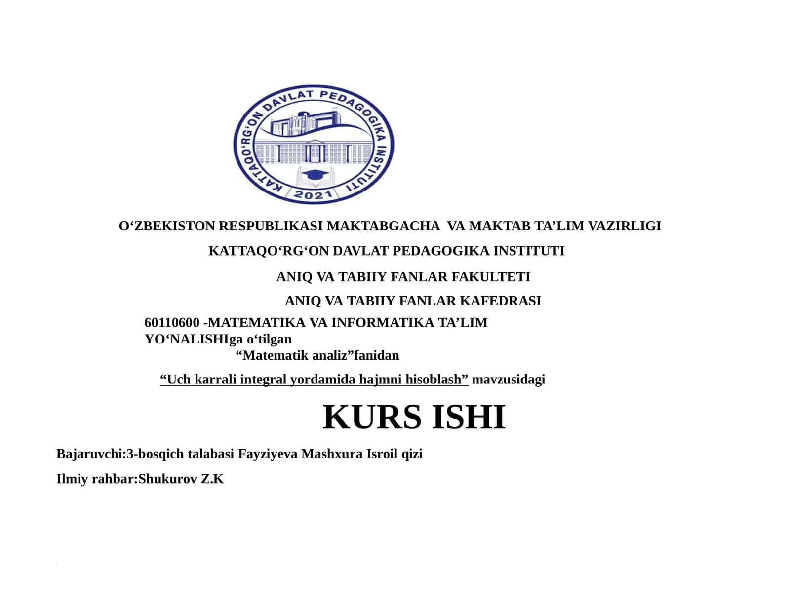 Uchkarrali integral yordamida hajmni hisoblash
