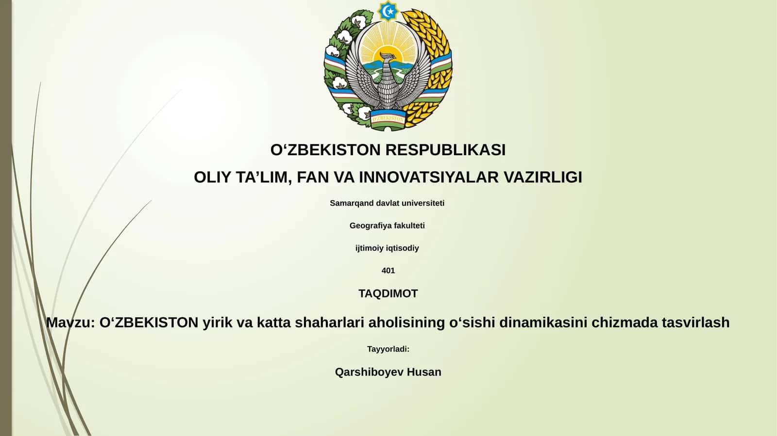 OʻZBEKISTON yirik va katta shaharlari aholisining oʻsishi dinamikasini chizmada tasvirlash
